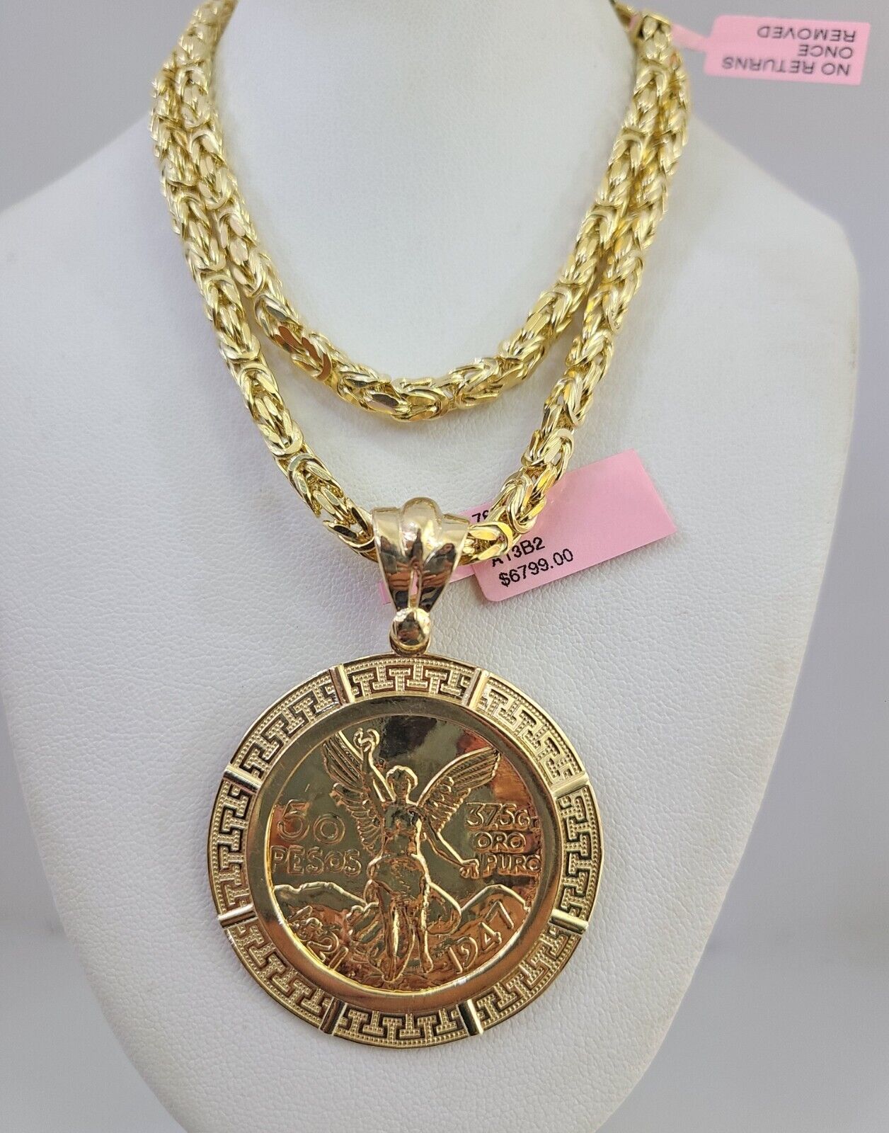 14K Gold Necklace Chain Mexican Coin Charm Turkish Byzantine 4mm 24" Pendant