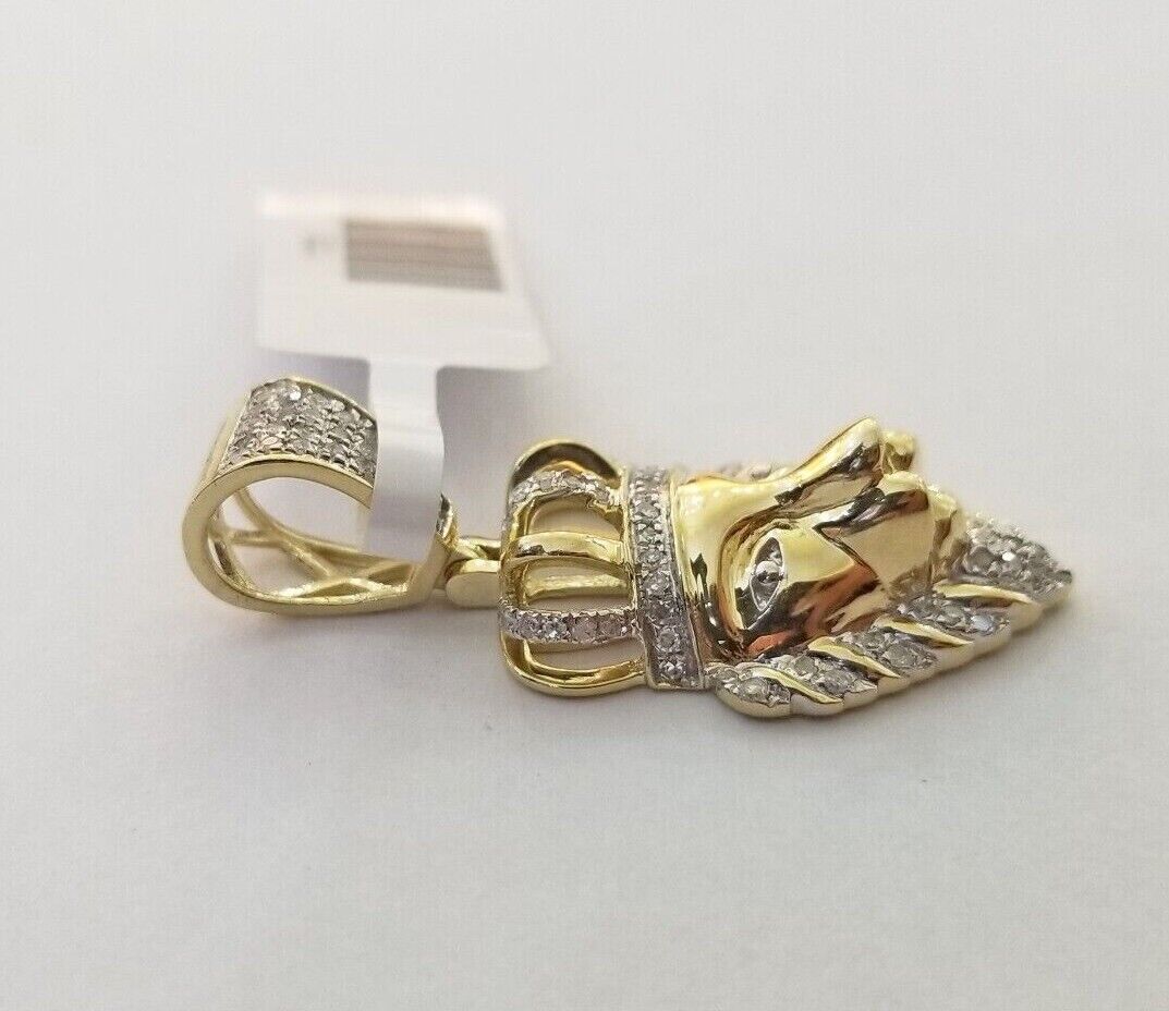 Real Diamond Pendant King Lion Head Men Crown Charm 10k Yellow Gold 1