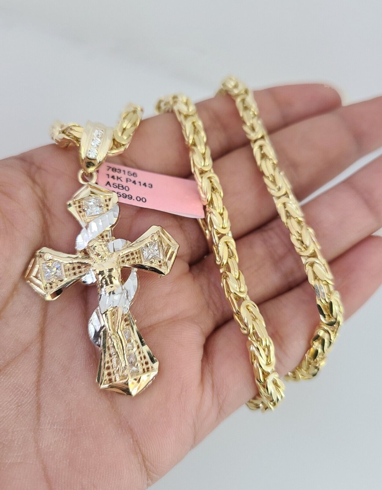 14K Gold Necklace Chain Jesus Spiral Cross Charm Turkish Byzantine 4mm 24"