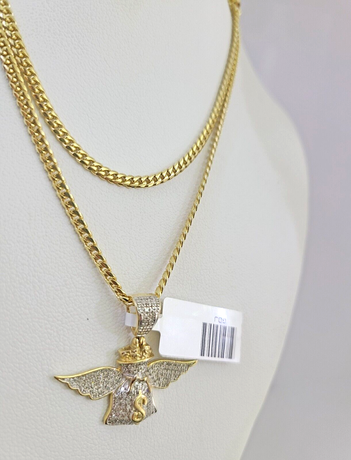 10K Solid Gold Miami Cuban Chain SET Diamond Money Bag Wing Charm 18"-26" 2.5mm