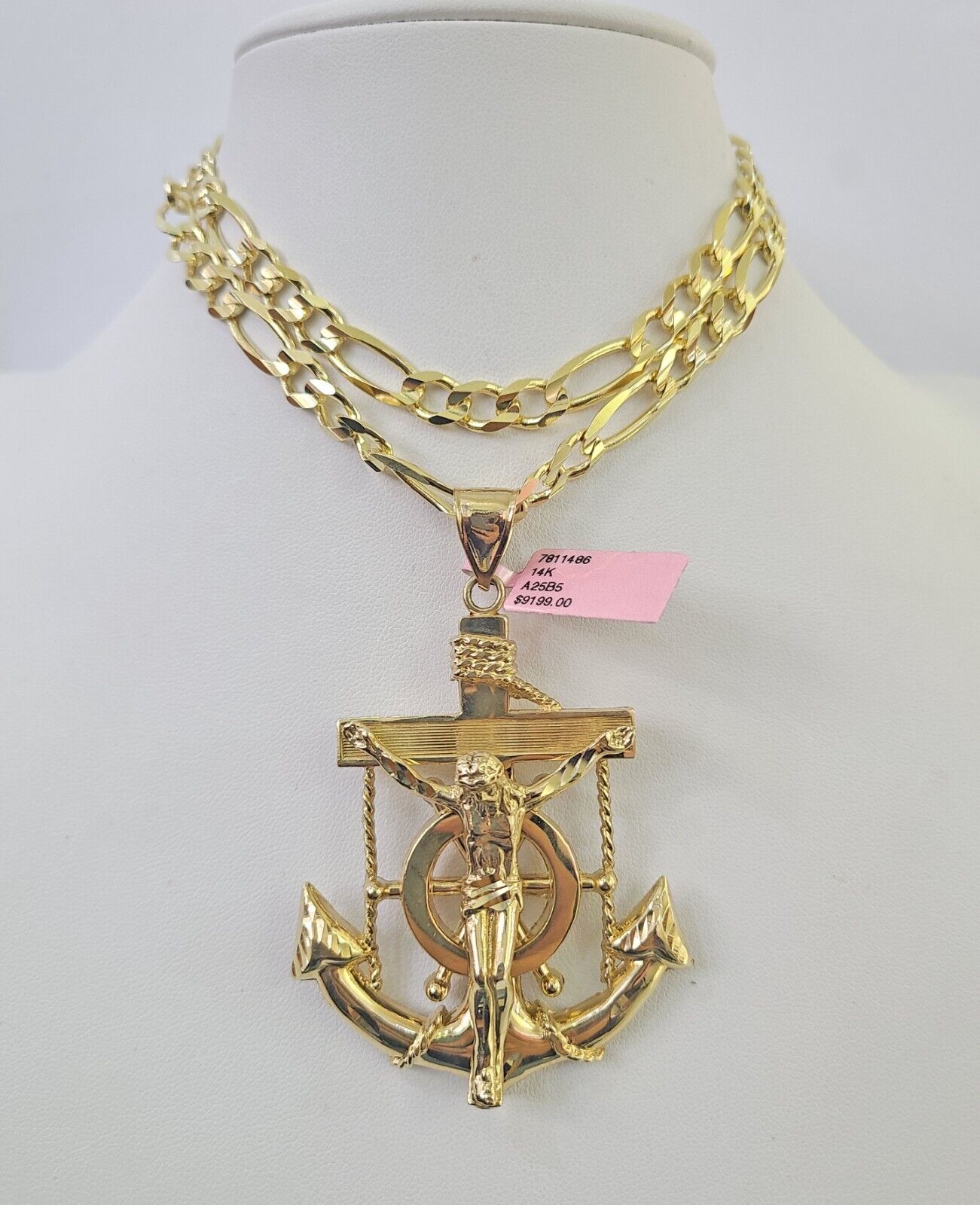 14k Figaro Chain Jesus Anchor Charm Pendant Gold 7mm 20-30 inch SET Necklace