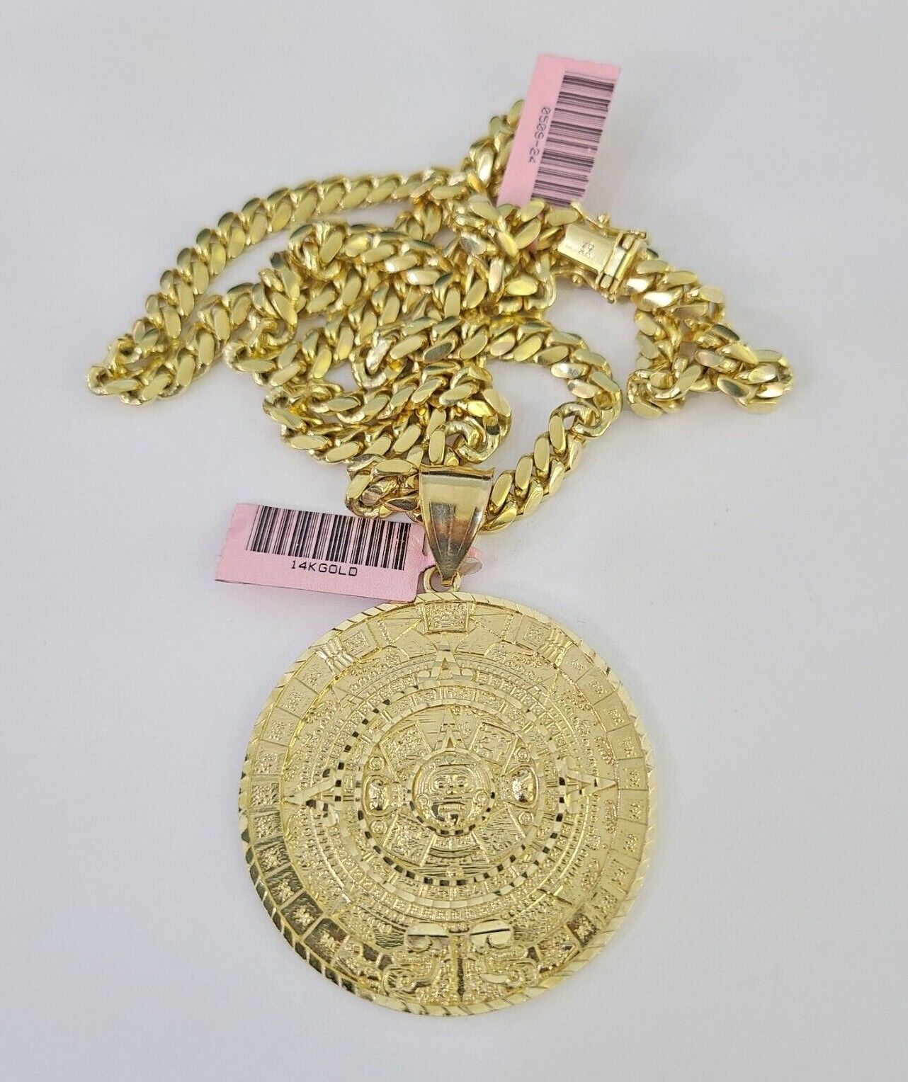 Real 14k Solid Chain Mayan Calendar Charm Set Miami Cuban Link 6mm Necklace