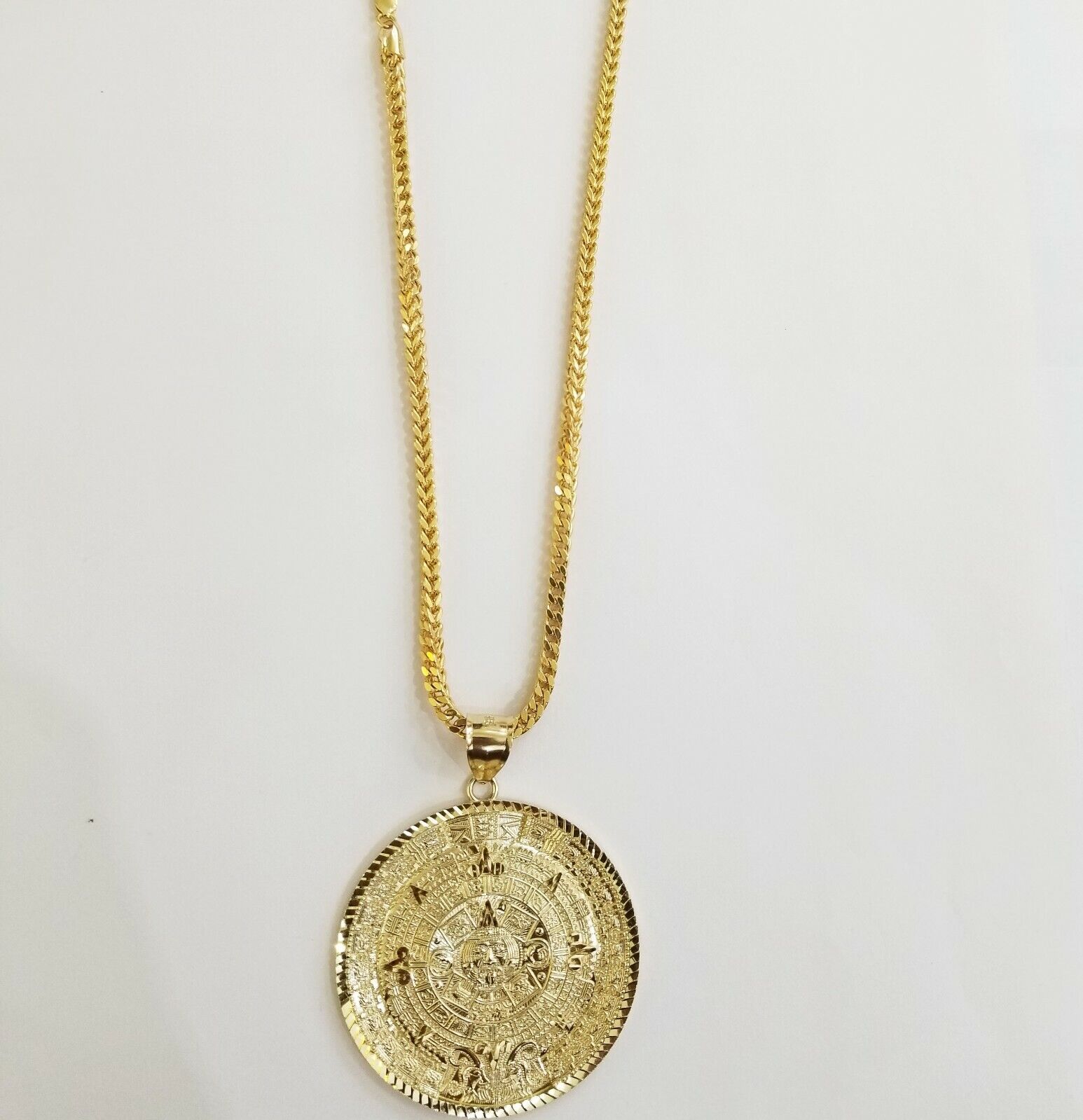 10k Real Gold Aztec Calendar Pendant Charm 3mm 20" 22" 24" Franco Chain