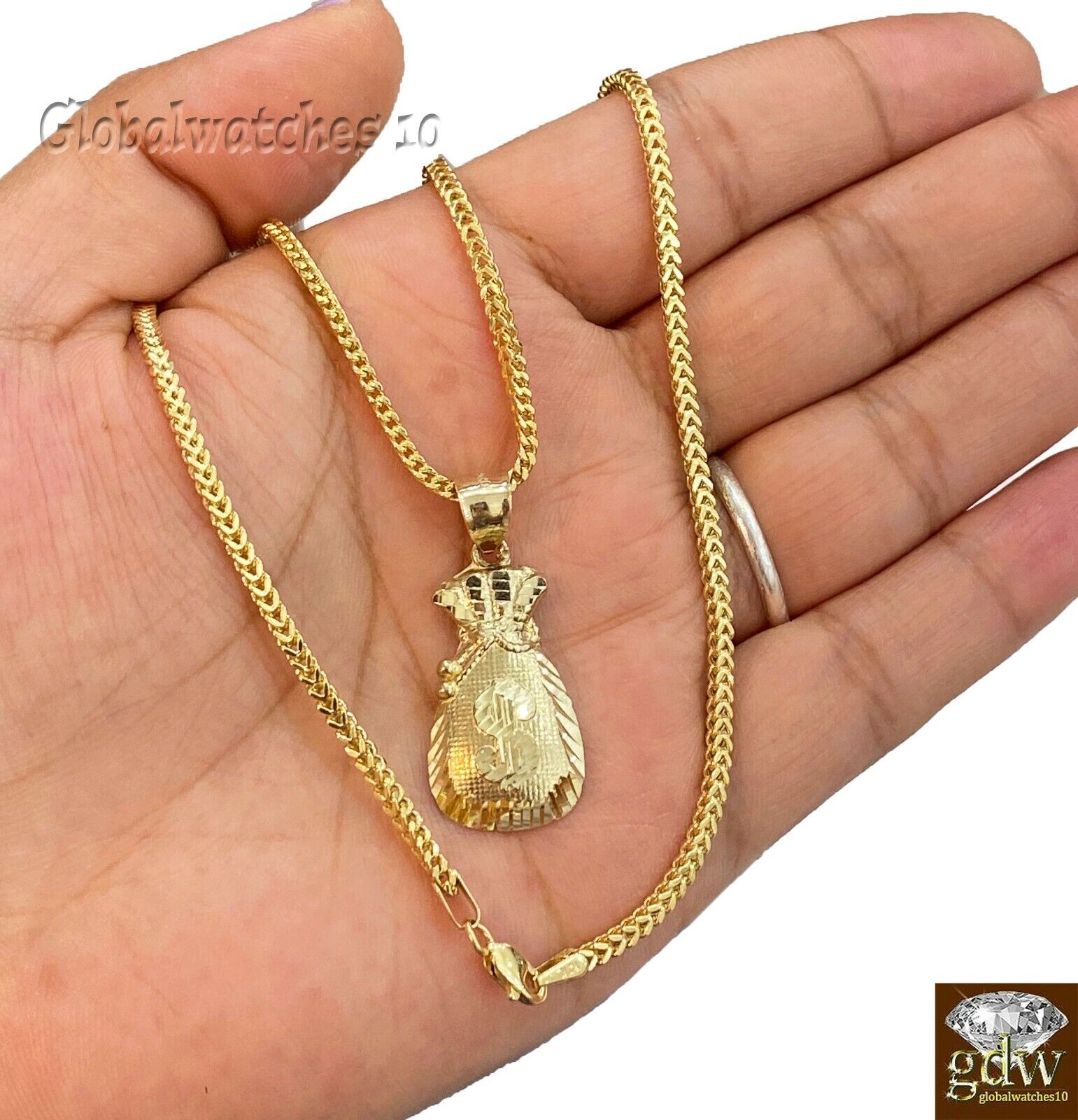 10k Gold Dollar Bag Charm Pendant Franco Chain 22 24 26 28 Inch Real