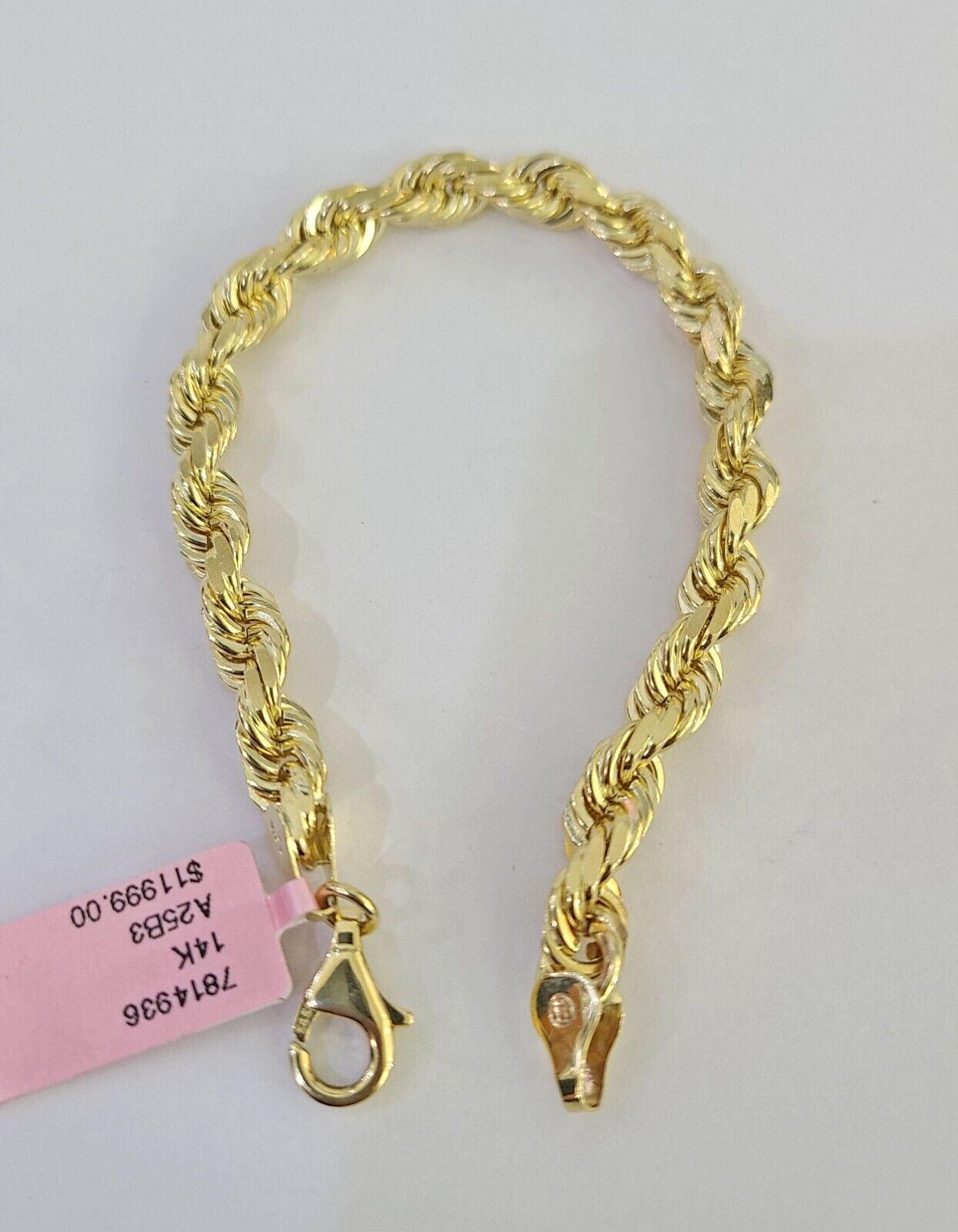 Real 14k Solid Rope Bracelet 7mm 7 Inch Men Women Diamond Cut Yellow Gold