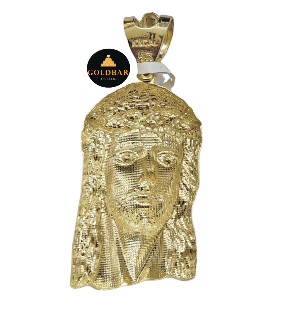 Real 10k Yellow Gold Charm Pendant Jesus Face Head 2.2" Inch For Chain, 10KT