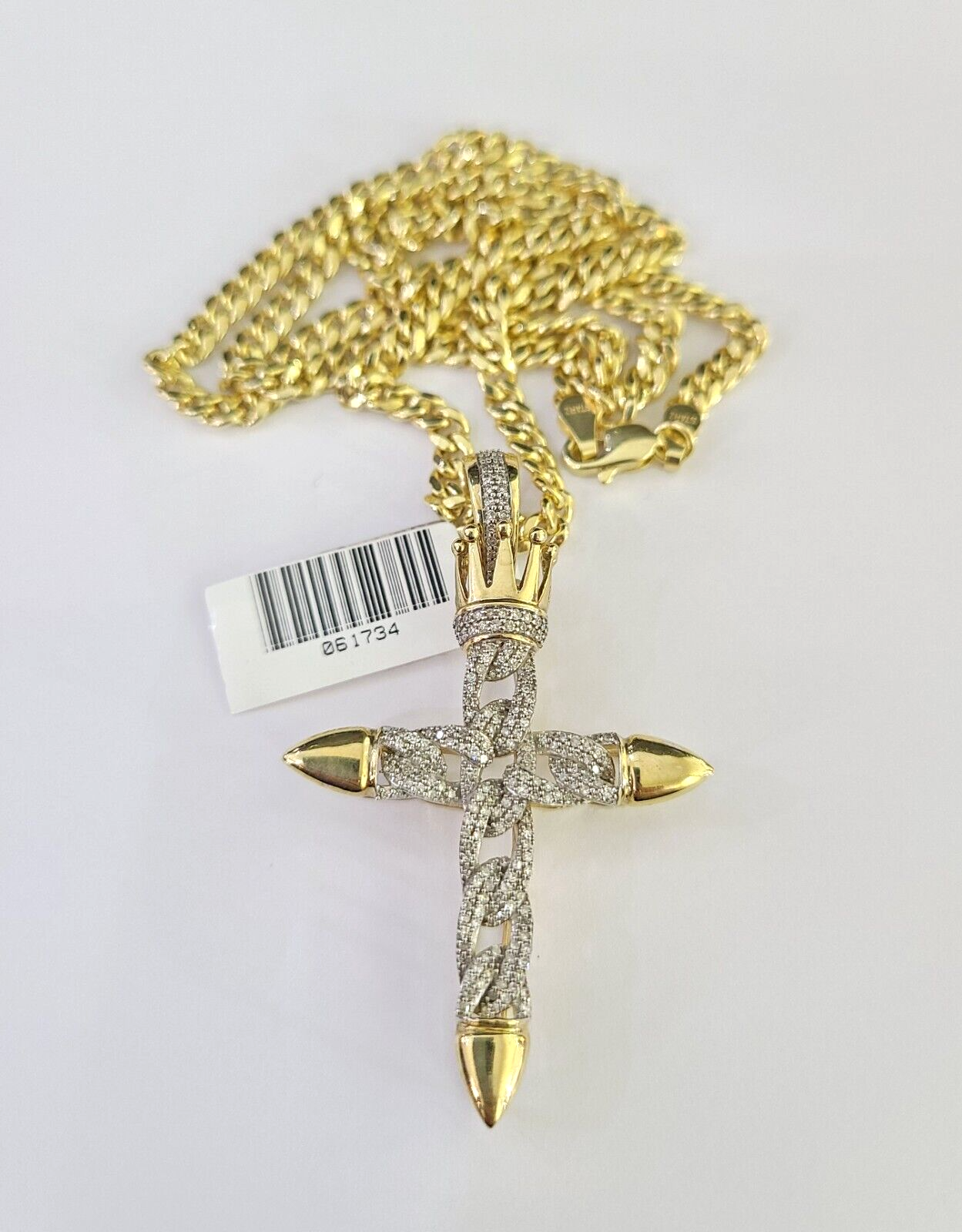 10k Miami Cuban Chain Diamond Jesus Cross Charm Set 4mm 18"-28" Necklace Gold