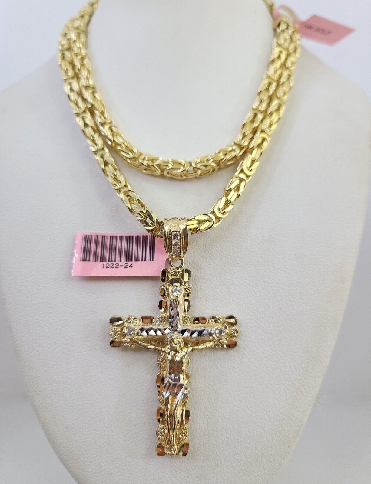 14K Gold Necklace Chain Jesus Nugget Cross Turkish Byzantine 4mm 24" Pendant