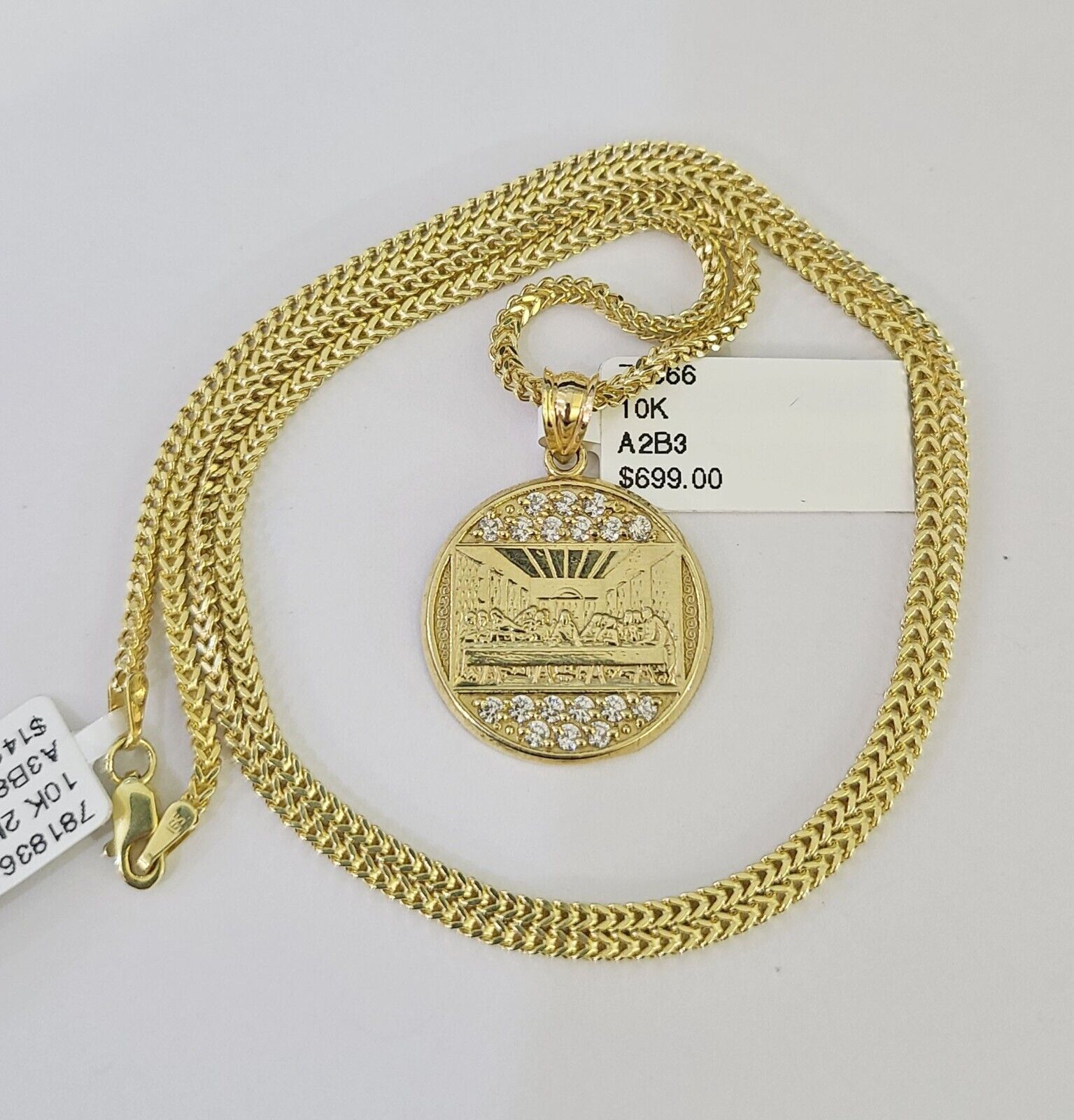 10K Franco Chain Last Supper  Pendant Charm Necklace 16"-24" 2mm Gold SET