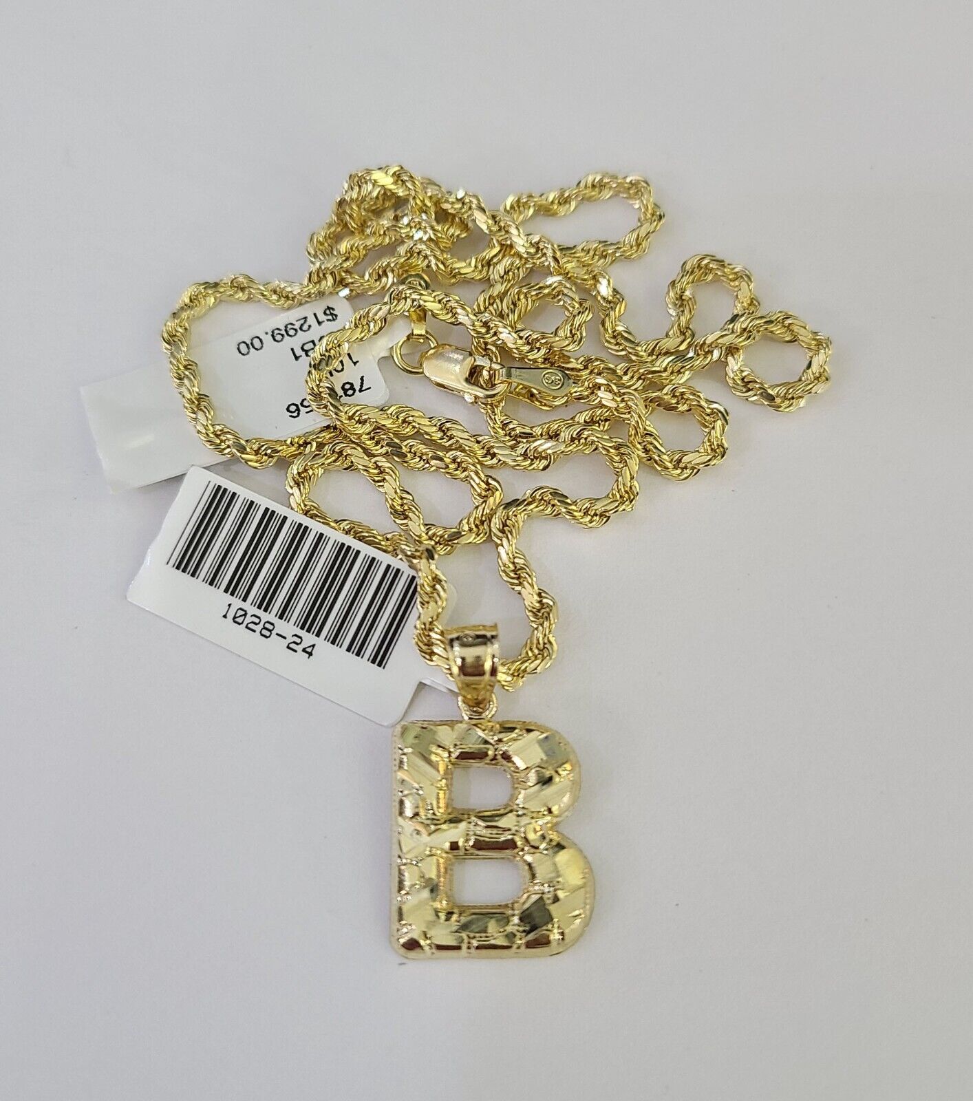 10k Gold Initial B Charm Rope Chain 16"-26" 2.5mm SET Necklace Alphabet Pendant