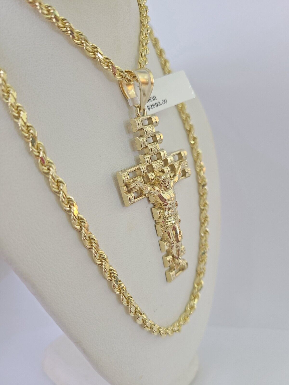 10k Solid Rope Chain Jesus Cross Charm Set 4mm 20"-28" Necklace Gold Yellow
