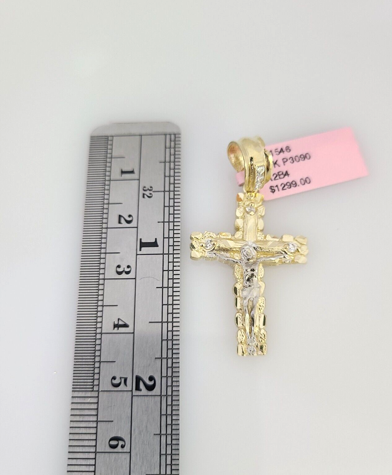 14k Gold Solid Chain 3mm Nugget Cross Pendant Set 14kt Miami Cuban Link Charm