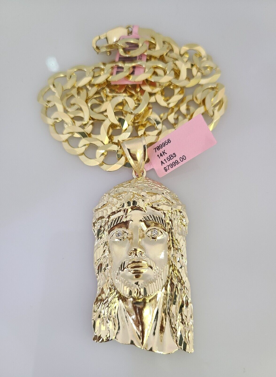 14k Gold Chain Jesus Head Charm Solid Cuban Curb 10mm 20"-30" SET Necklace