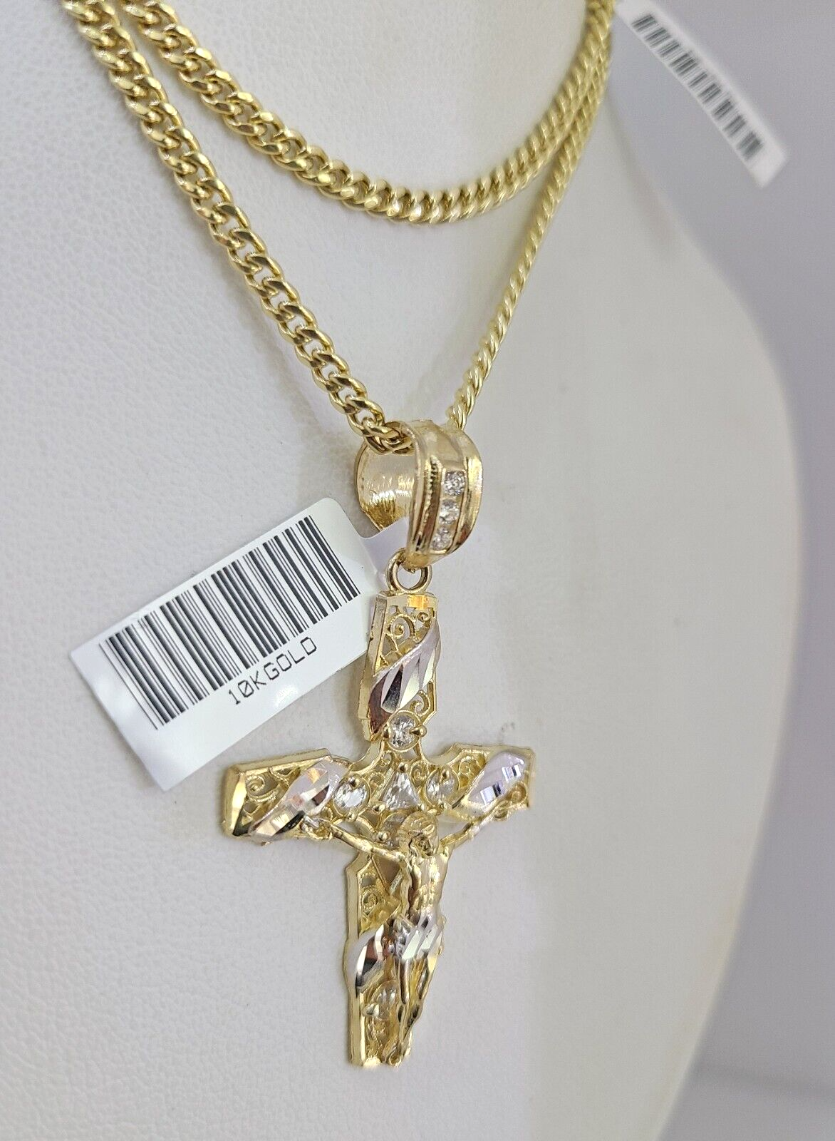 Real 10k Gold Chain Pendant SET Jesus Cross Charm Miami Cuban Link Necklace 2mm