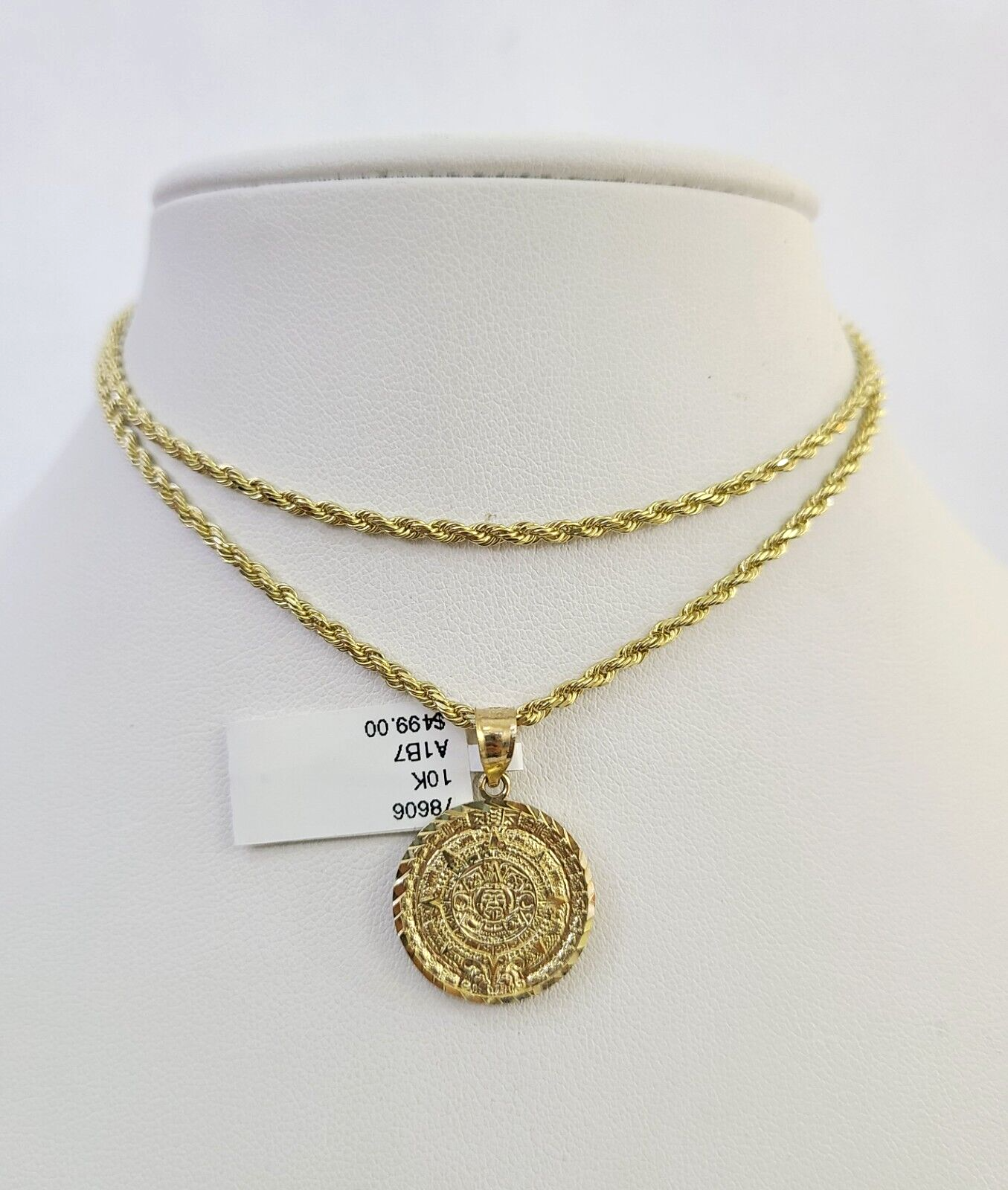 10k Solid Rope Chain Mayan Calendar Pendant Charm Necklace 18-24" SET 2mm