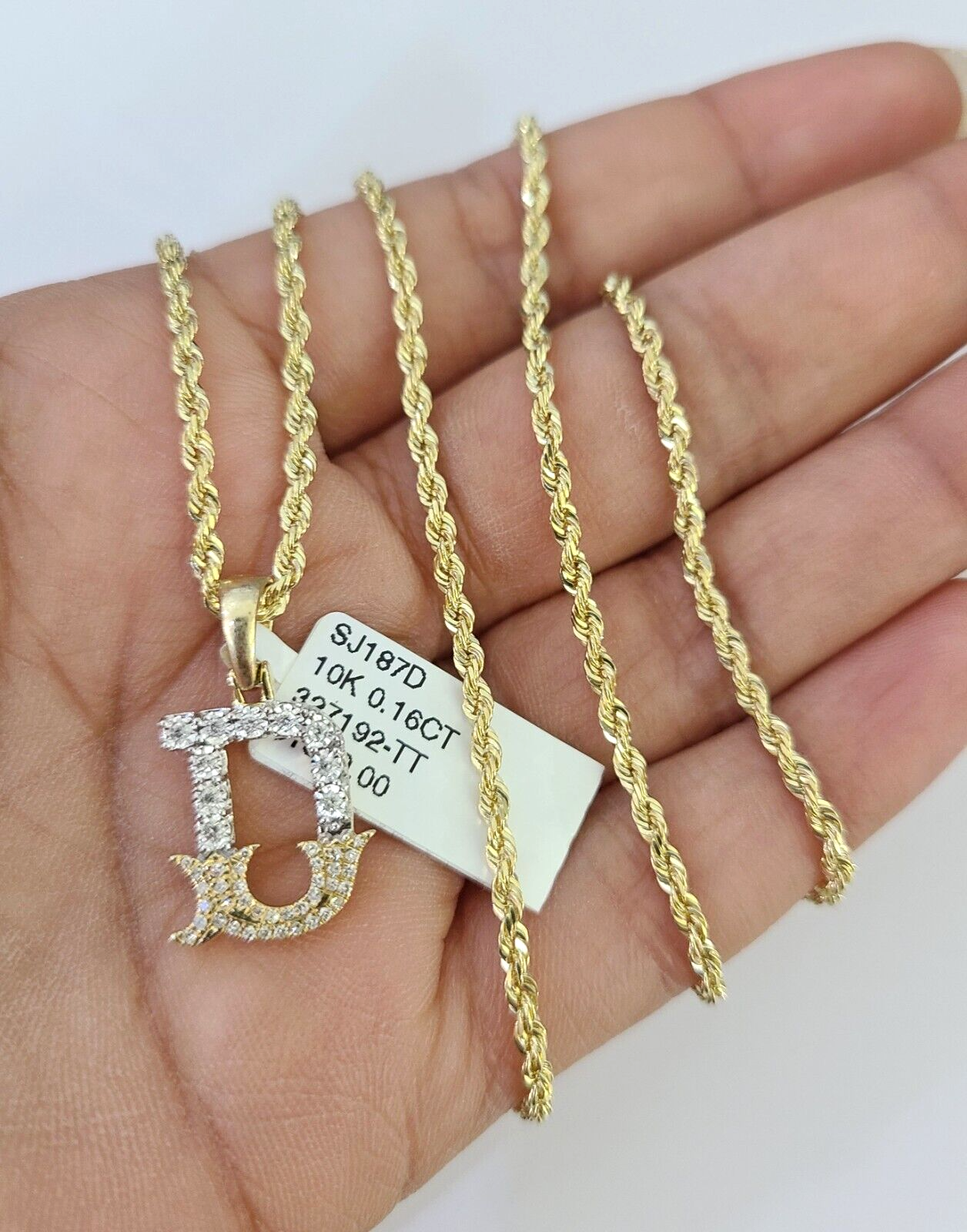 10k Solid Rope Chain 2mm D Initial Diamond Pendant Charm Necklace SET 18-22 in