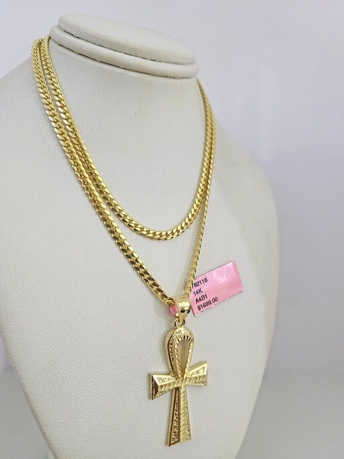 14k Gold Solid Chain Ankh Cross Pendant Set 14kt Miami Cuban Link 3mm Charm
