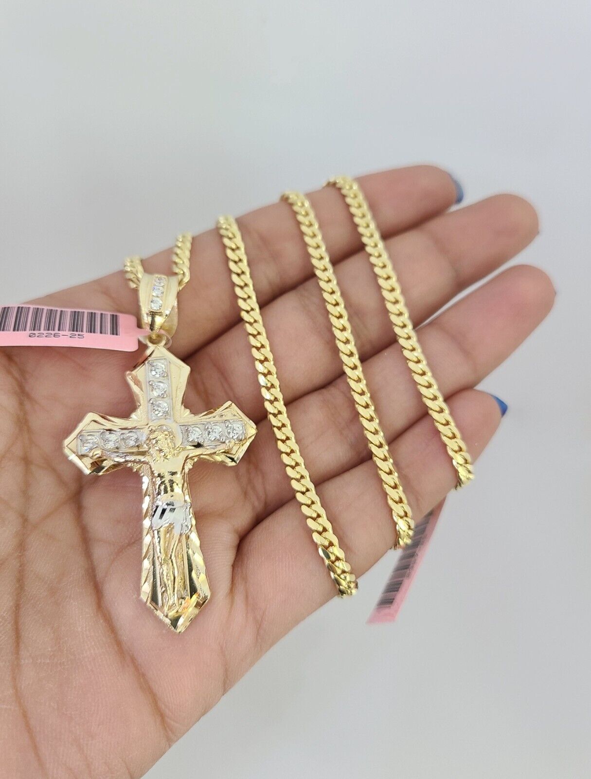 14k Gold Solid Chain Jesus Cross Pendant Set 14kt Miami Cuban Link 3mm Charm