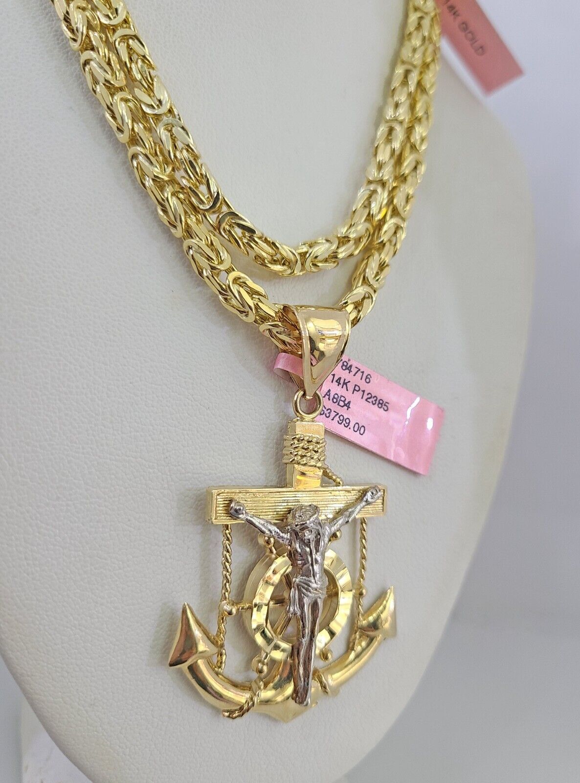 14K Gold Necklace Chain Jesus Anchor Charm Turkish Byzantine 4mm 24" Pendant