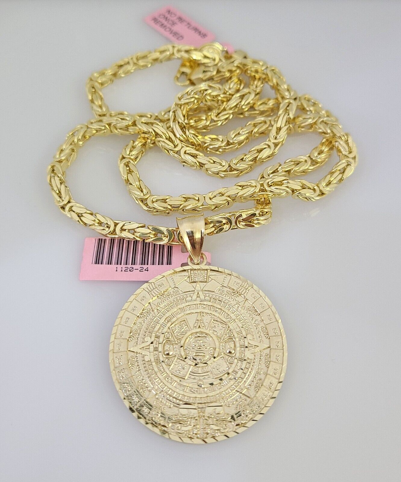14K Gold Necklace Chain Mayan Calendar Charm Turkish Byzantine 4mm 24" Pendant