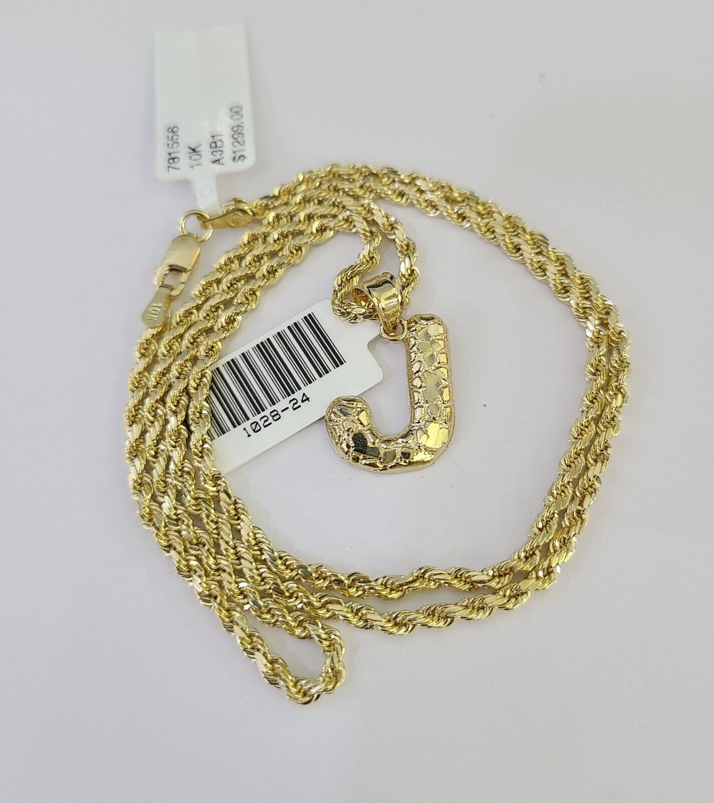 10k Gold Initial J Charm Rope Chain 16"-26" 2.5mm SET Necklace Alphabet Pendant