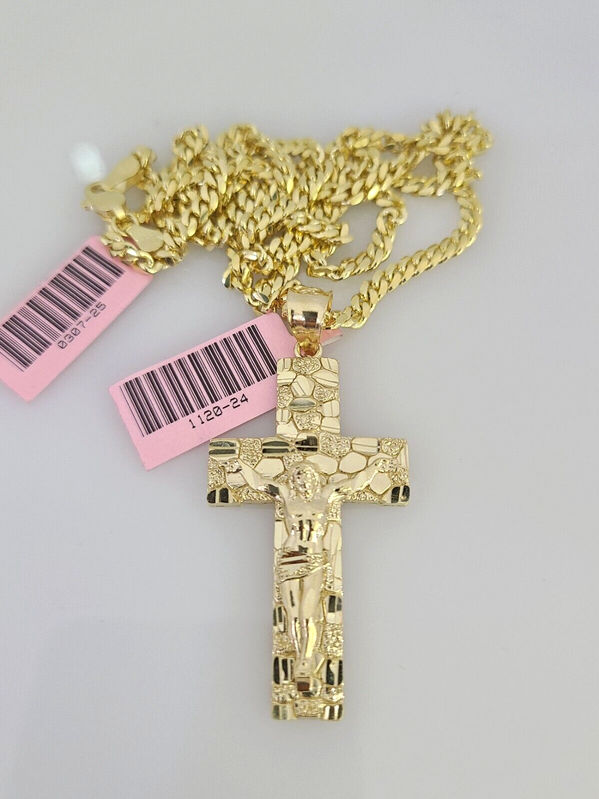 14k Gold Solid Chain Nugget Cross Pendant Set 14kt Miami Cuban Link 3mm Charm