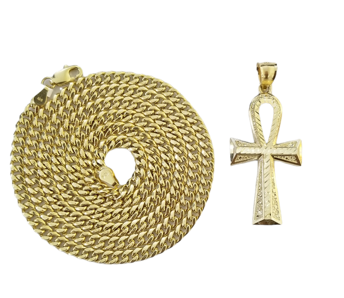 10K Gold Ankh Cross Egyptian Symbol Pendant Charm 4mm Cuban Link Chain 26" Inch