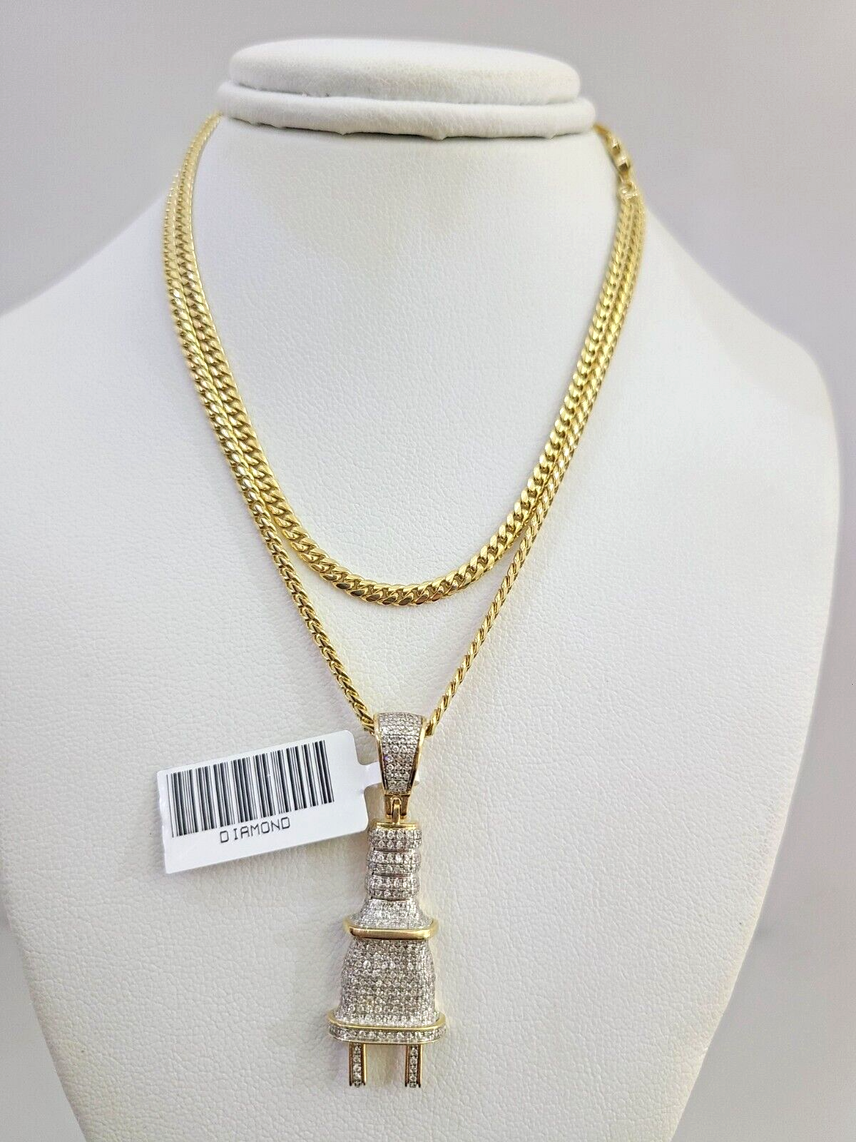 10K Solid Gold Miami Cuban Chain SET Diamond Plug Charm 18"-26" 2.5mm Necklace