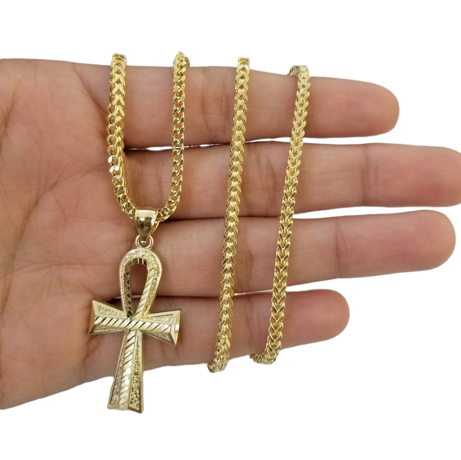 10K Gold Ankh Cross Egyptian Symbol Pendant Charm 4mm Franco Chain 22 Inch