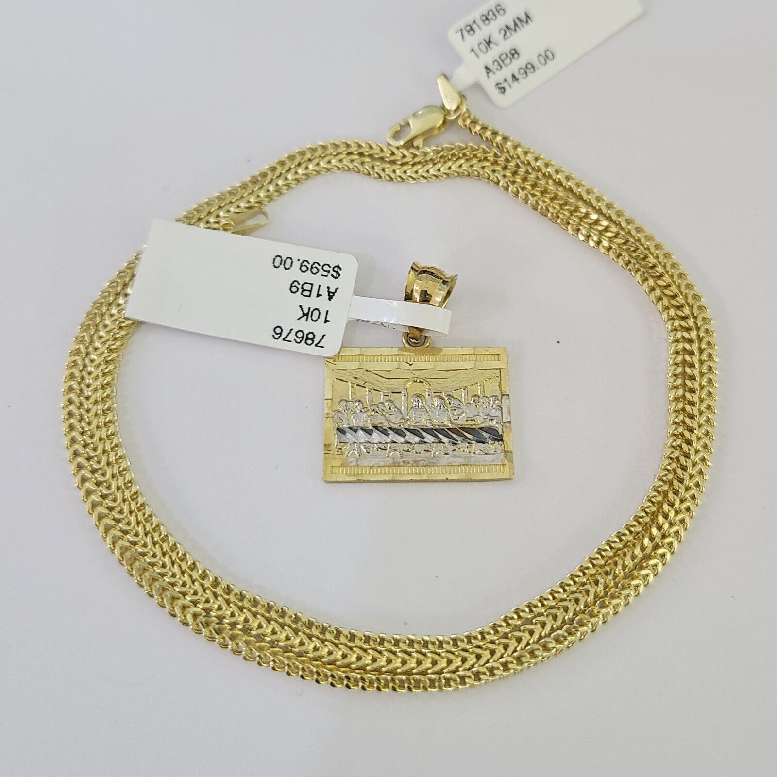 10K Franco Chain Last Supper Pendant Charm Necklace 16"-24" 2mm Gold SET