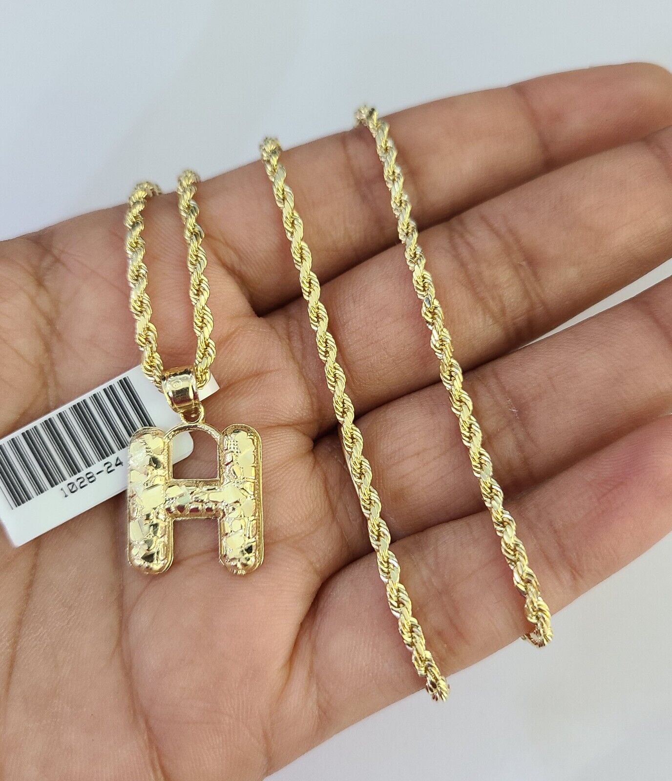 10k Gold Initial H Charm Rope Chain 16"-26" 2.5mm SET Necklace Alphabet Pendant