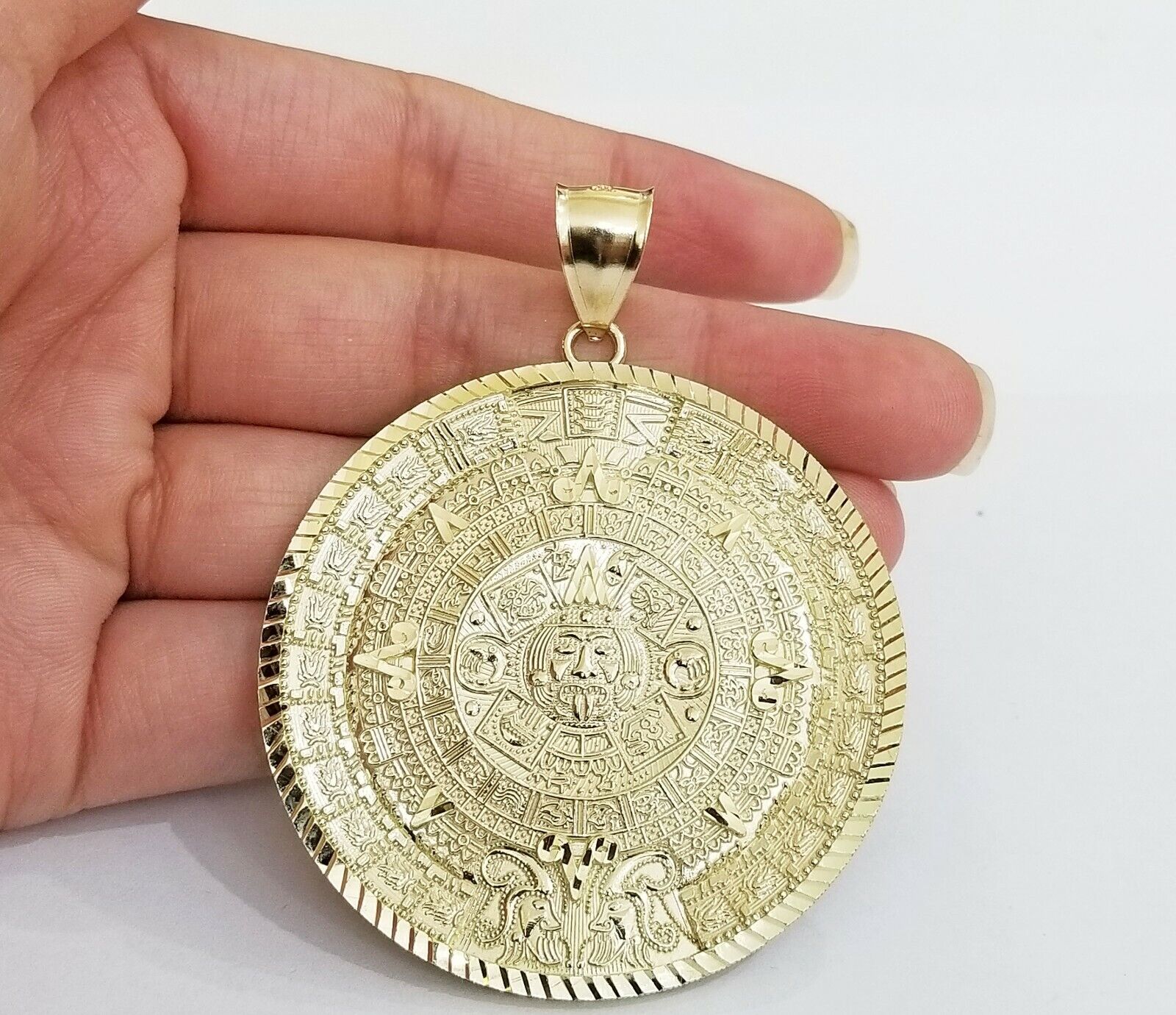 10k Real Gold Aztec Calendar Pendant Charm 3mm 20" 22" 24" Franco Chain