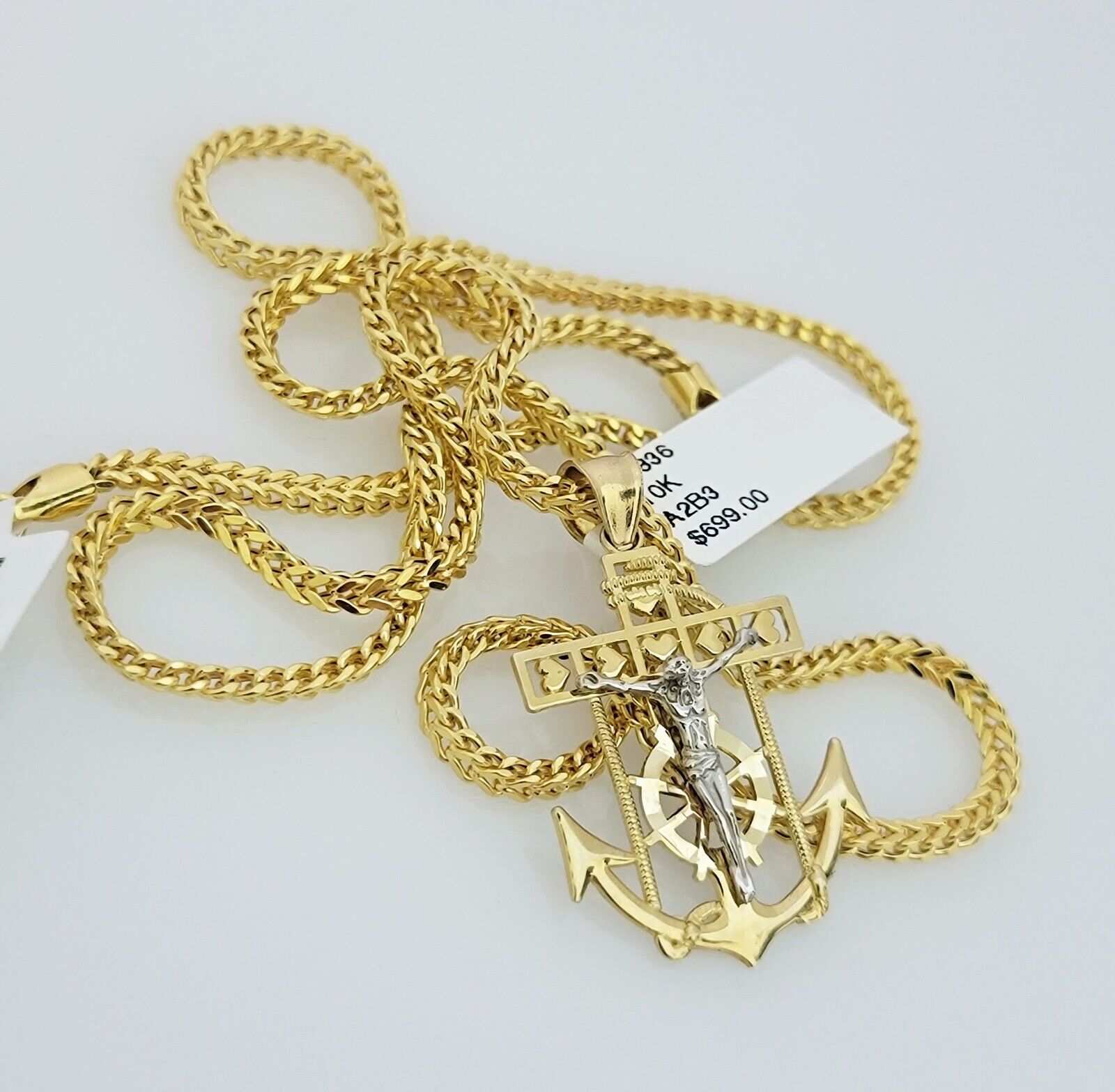 Real 10k Gold Franco Chain Anchor Cross Charm pendant Set 2.5mm Necklace 20 Inch