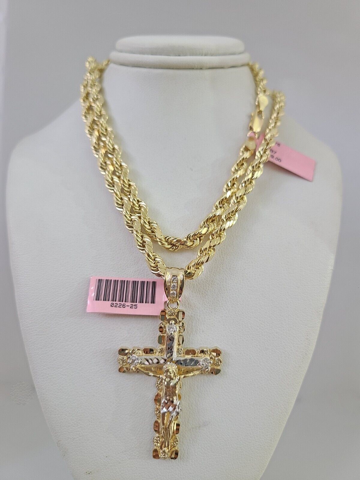 14k Gold Rope Chain Necklace Set 6mm Nugget Cross Charm Pendant 18"-28" inch