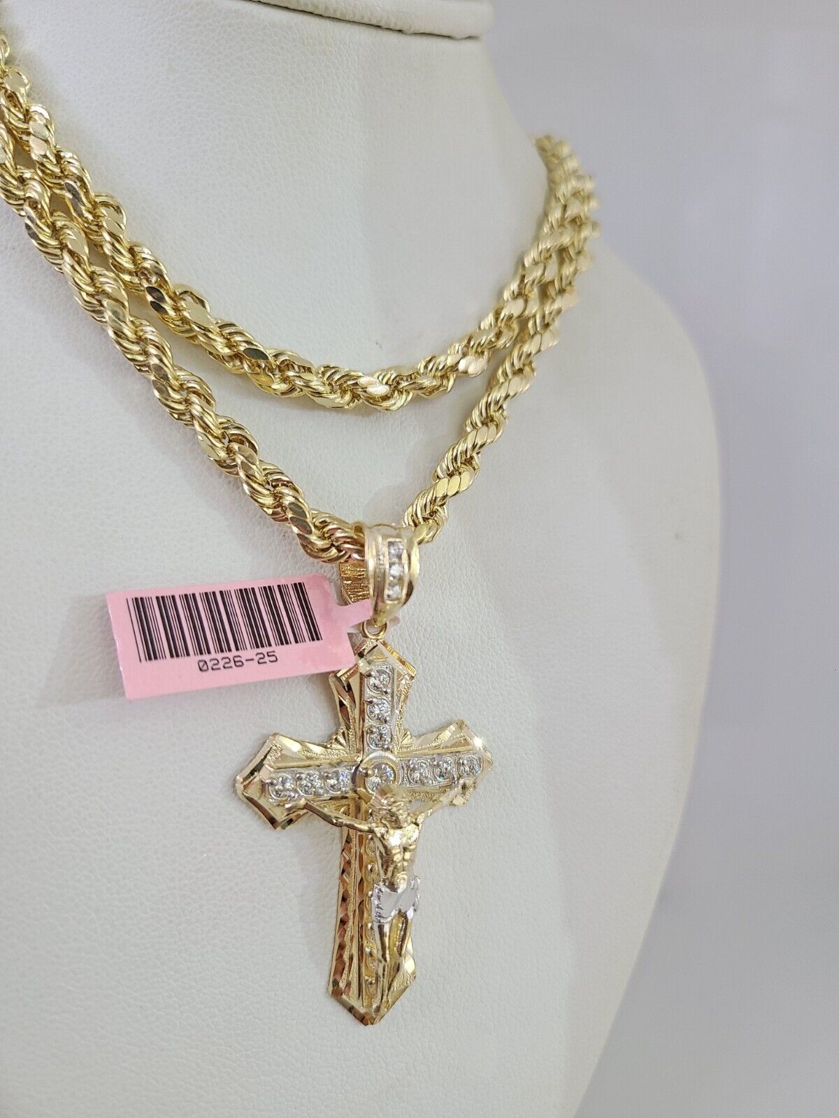 14k Gold Rope Chain Necklace Jesus Cross Charm Pendant Set 18"-28" inch 6mm