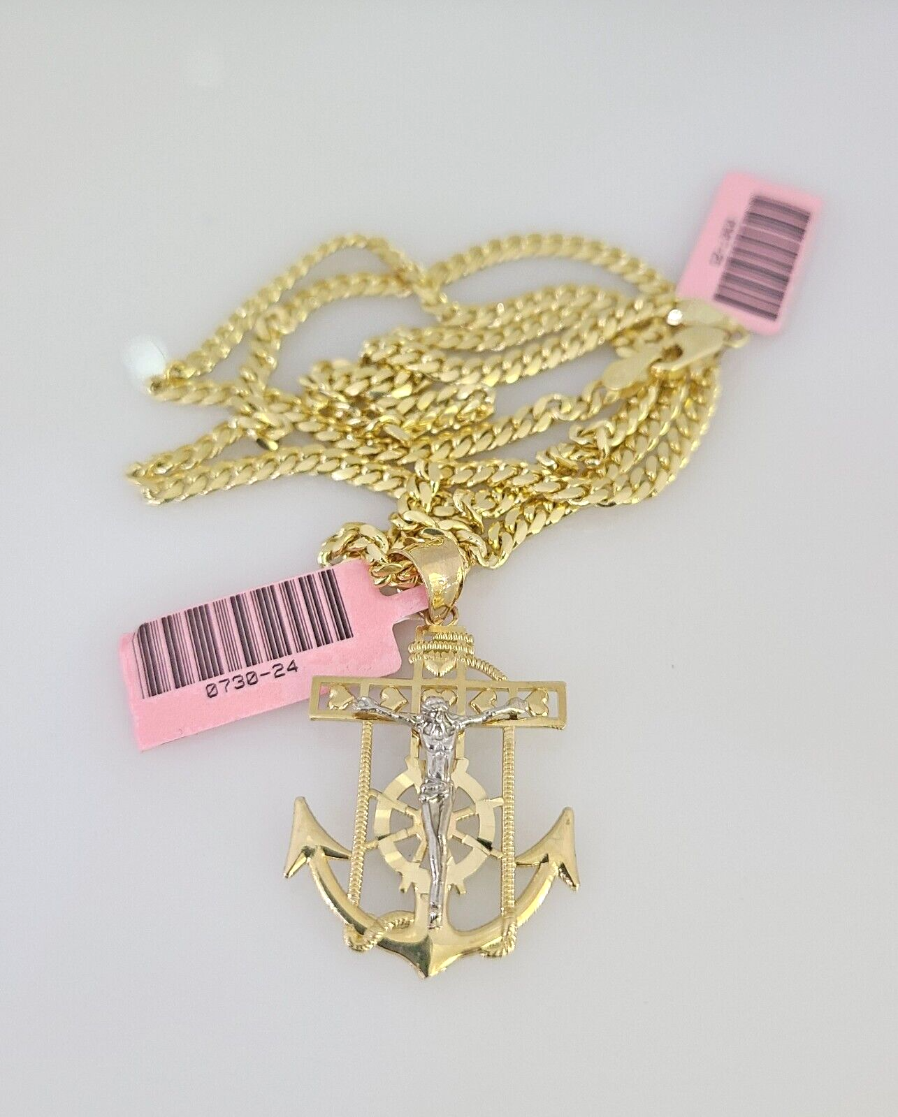 14k Gold Solid Chain Jesus Anchor Pendant Set 14kt Miami Cuban Link 3mm Charm