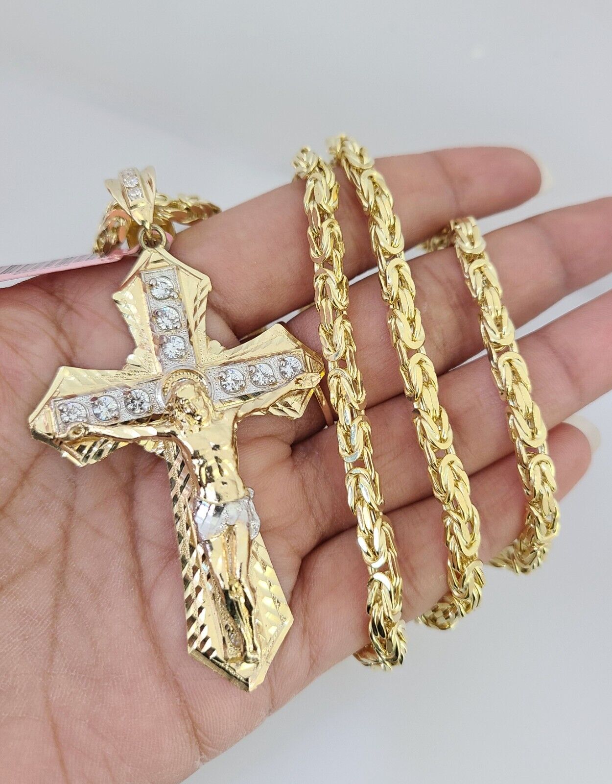 14K Gold Necklace Chain Jesus Crucifix Cross Charm Turkish Byzantine 4mm 24"