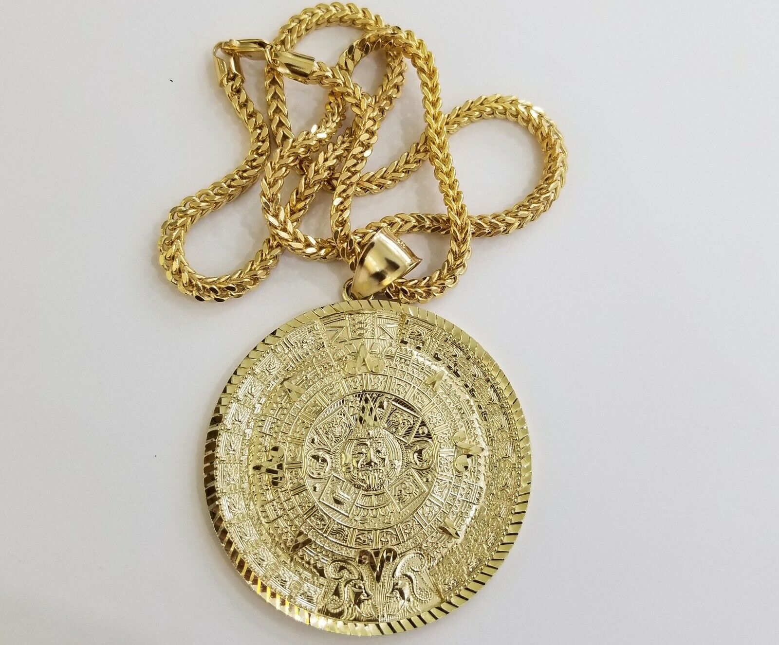10k Real Gold Aztec Calendar Pendant Charm 3mm 20" 22" 24" Franco Chain