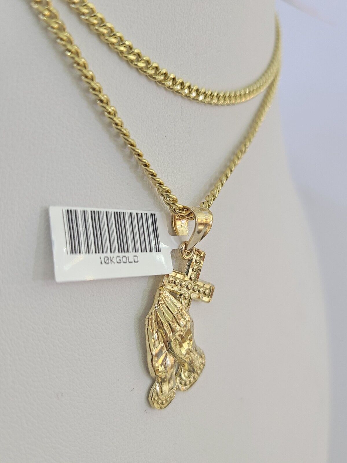 10K Gold Miami Cuban Chain Praying Hands Charm 18"-30" 3mm REAL Pendant