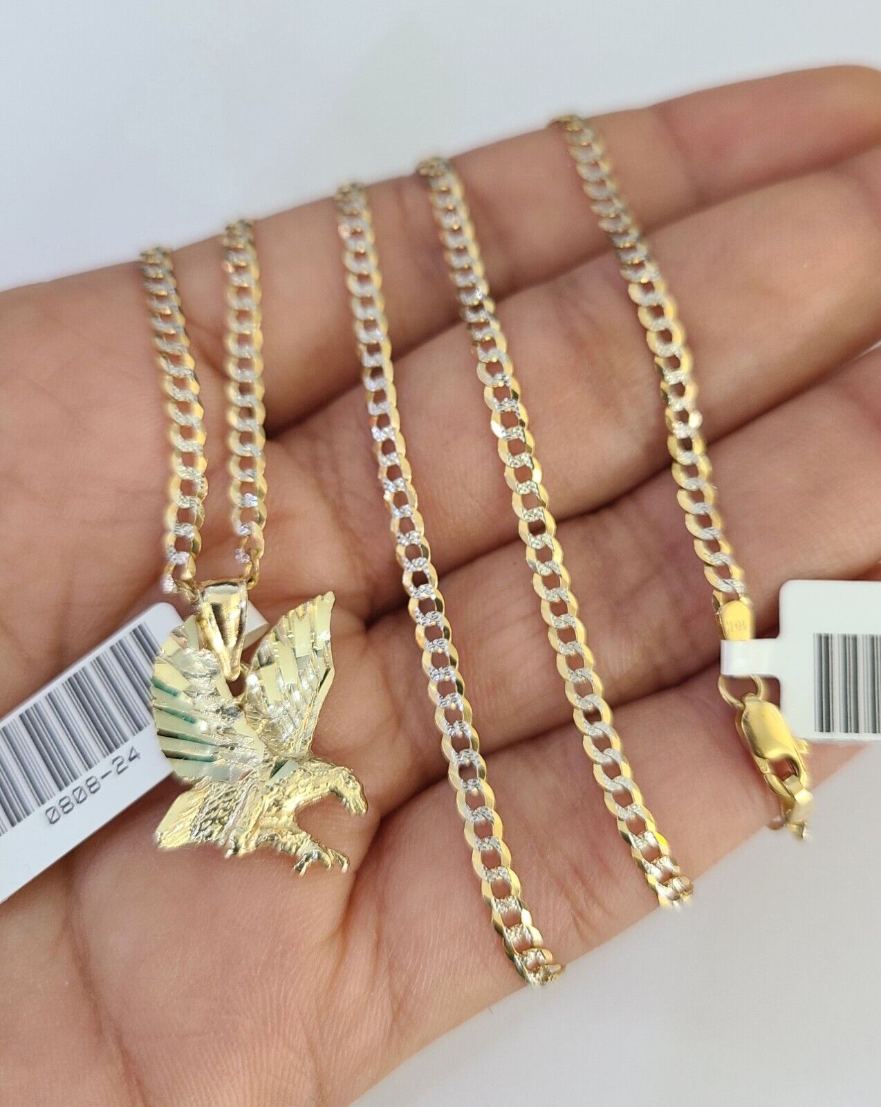 10k Solid Gold Cuban Curb Chain Flying Eagle Pendant 2mm 18"-24" SET Necklace