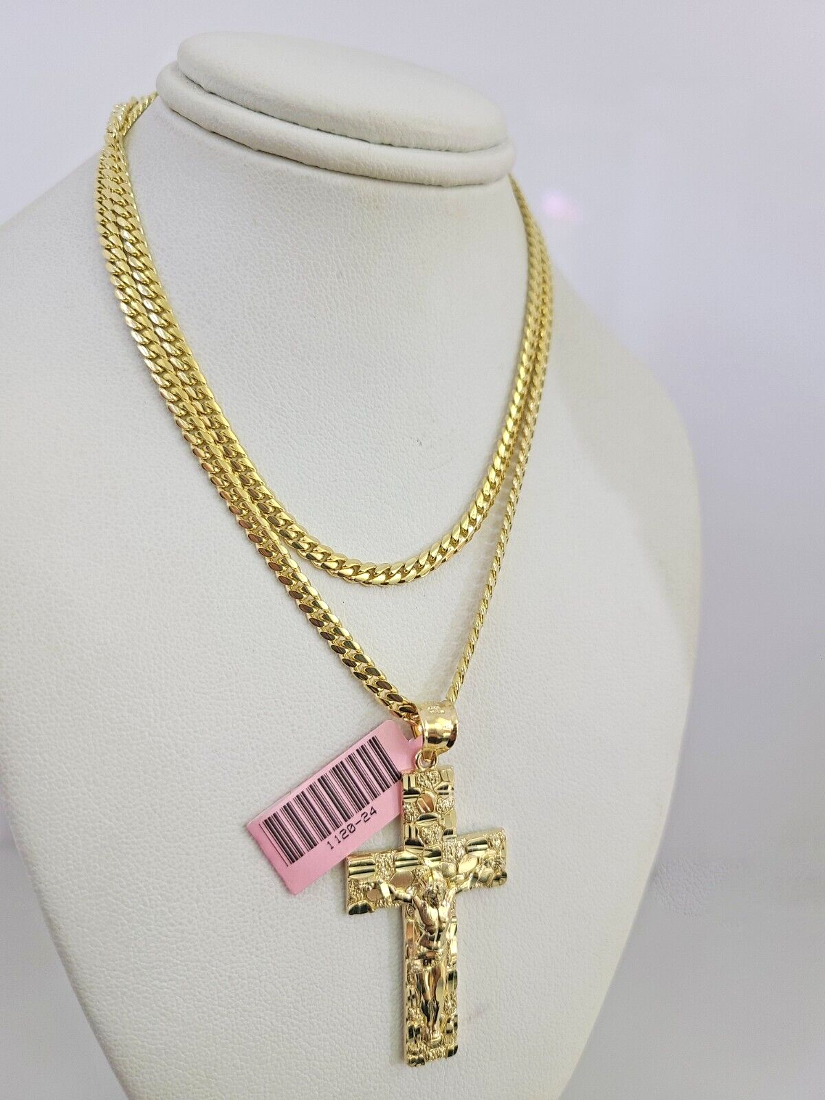 14k Gold Solid Chain Nugget Cross Pendant Set 14kt Miami Cuban Link 3mm Charm