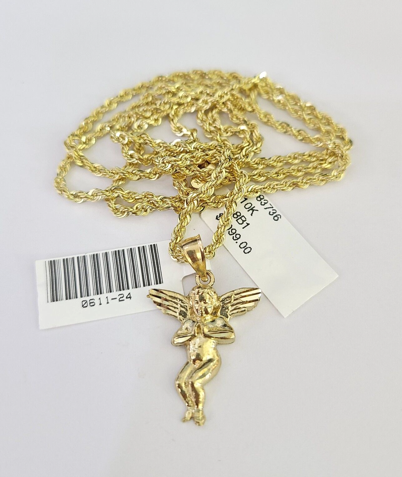10k Solid Rope Chain 2mm Praying Angel Pendant Charm Necklace SET 18-22" Ladies