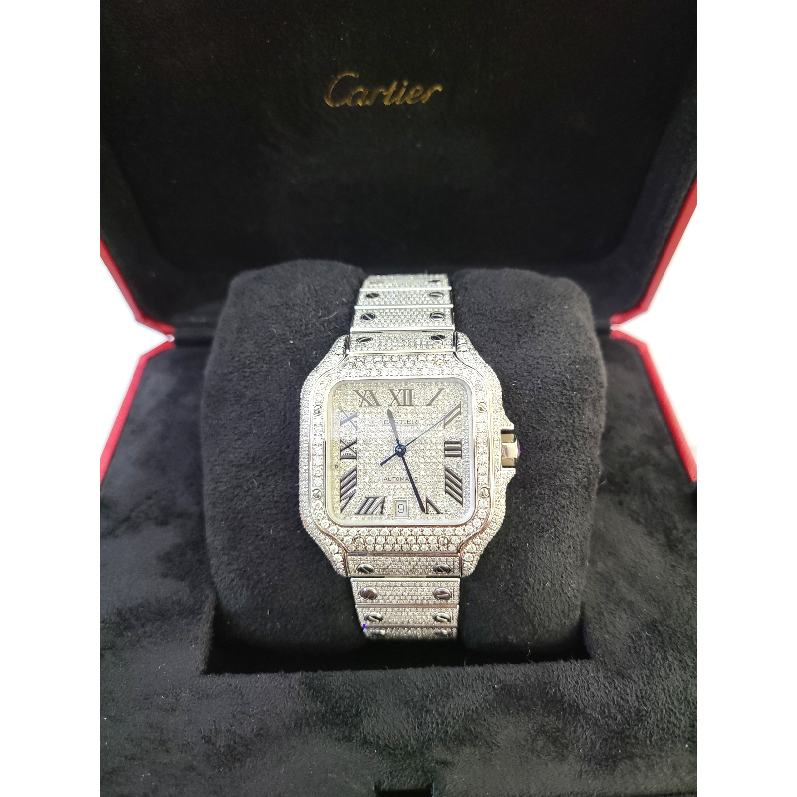 40mm Cartier Santos Men's S.Steel Watch Roman Iced Out 12 CT Diamonds (pre-owned)