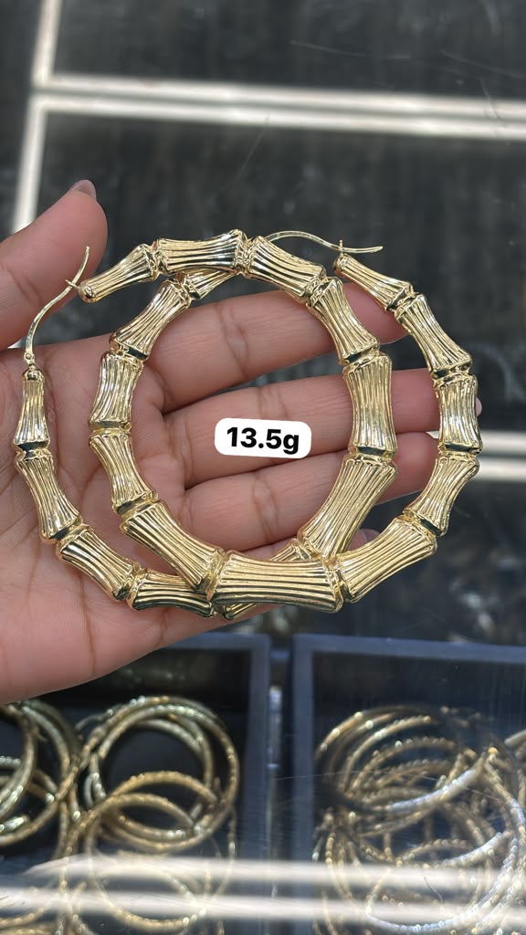 10k Hoops Graduated Diamond Cut Bamboo Hoop Earrings Real 10Kt Yellow Gold