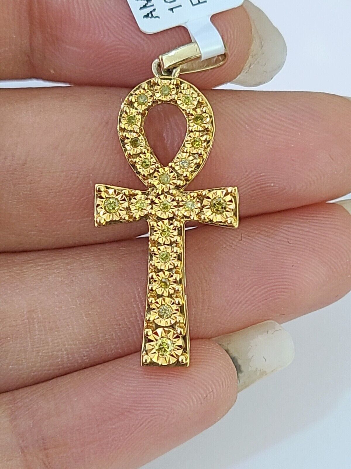 Ankh Cross Charm Pendant REAL 10k Yellow Gold Genuine Natural Diamond Men Women - GoldenlinQ