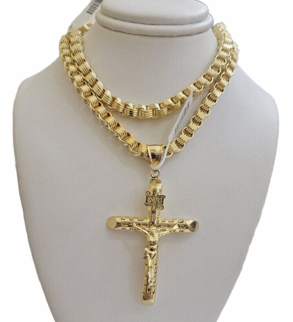 Byzantine chain and Cross charm pendant 10k Yellow Gold set 5mm Necklace 20" - 28" - GoldenlinQ