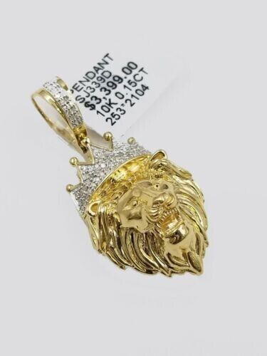 Diamond Lion Head charm Pendant with Genuine 0.15 CT Diamonds 10K Yellow Gold - GoldenlinQ
