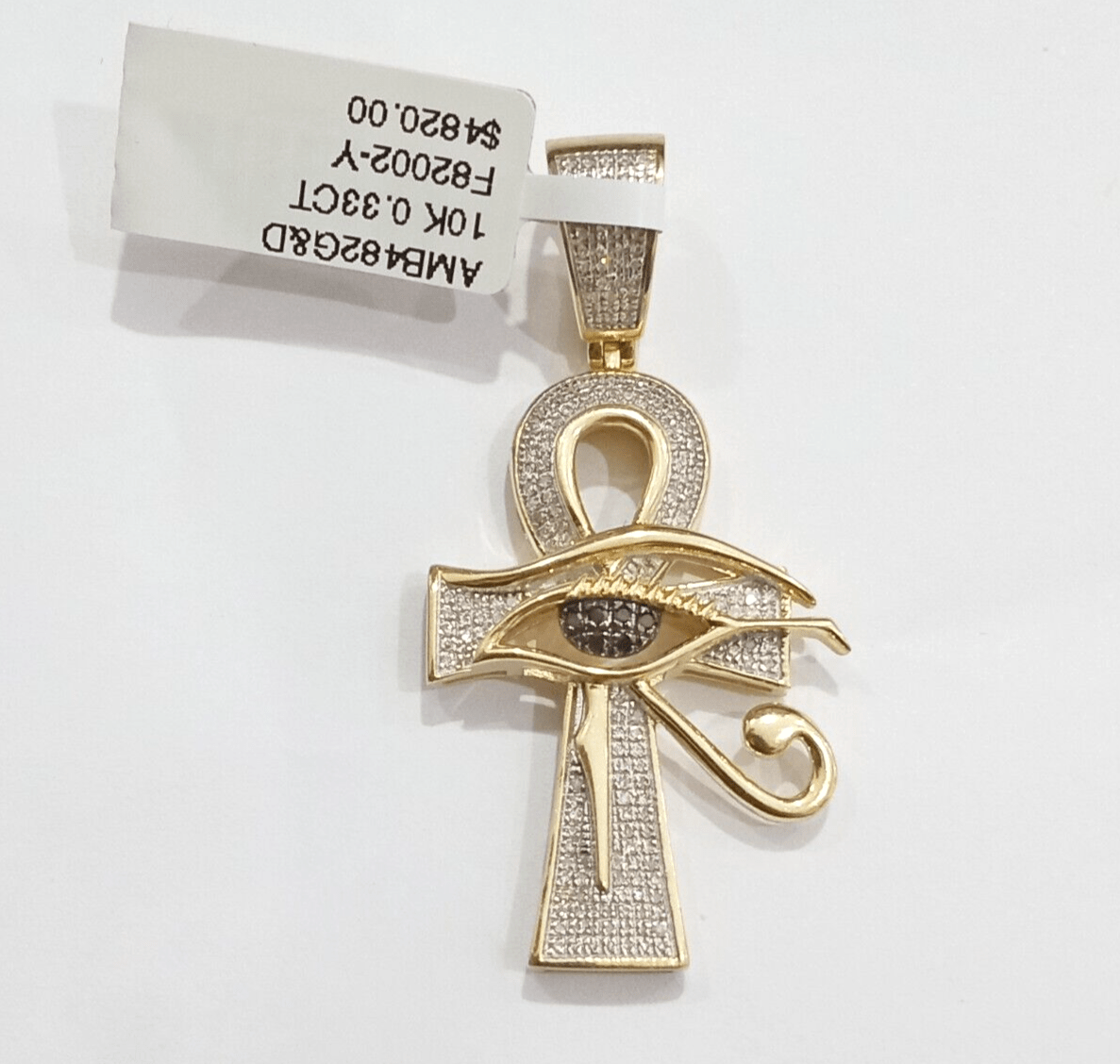 Evil Eye Charm Pendant Real 10K Yellow Gold Genuine Natural Diamond Ankh Cross - GoldenlinQ