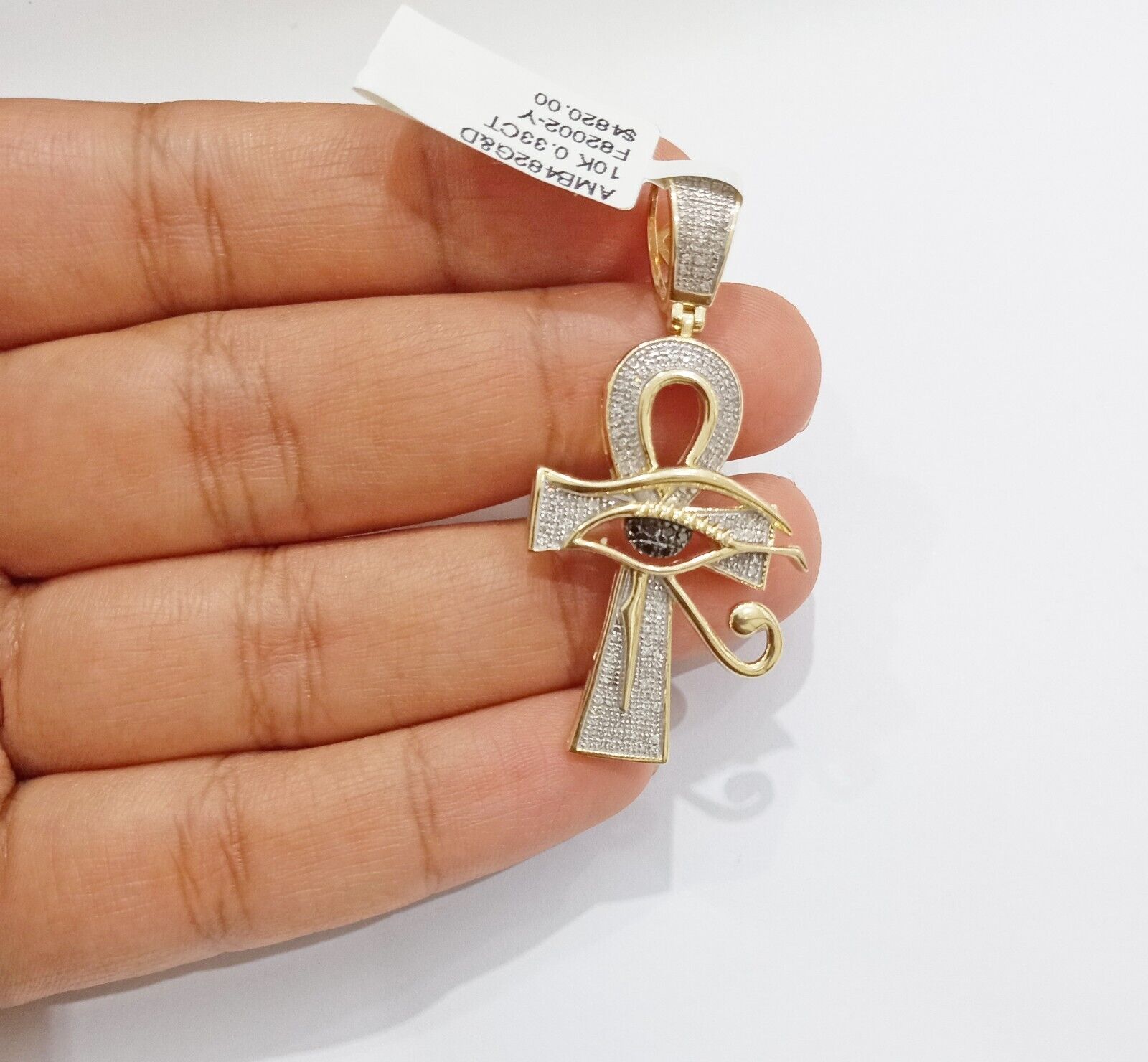 Evil Eye Charm Pendant Real 10K Yellow Gold Genuine Natural Diamond Ankh Cross - GoldenlinQ