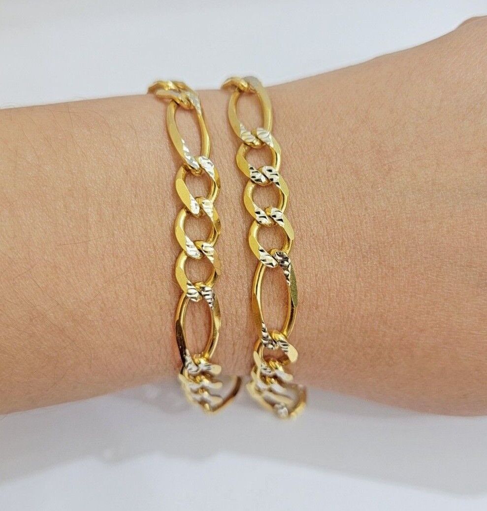 Figaro Link Chain Real 10k Yellow Gold 8mm Necklace 18 - 30 Inch Solid Two Tone - GoldenlinQ